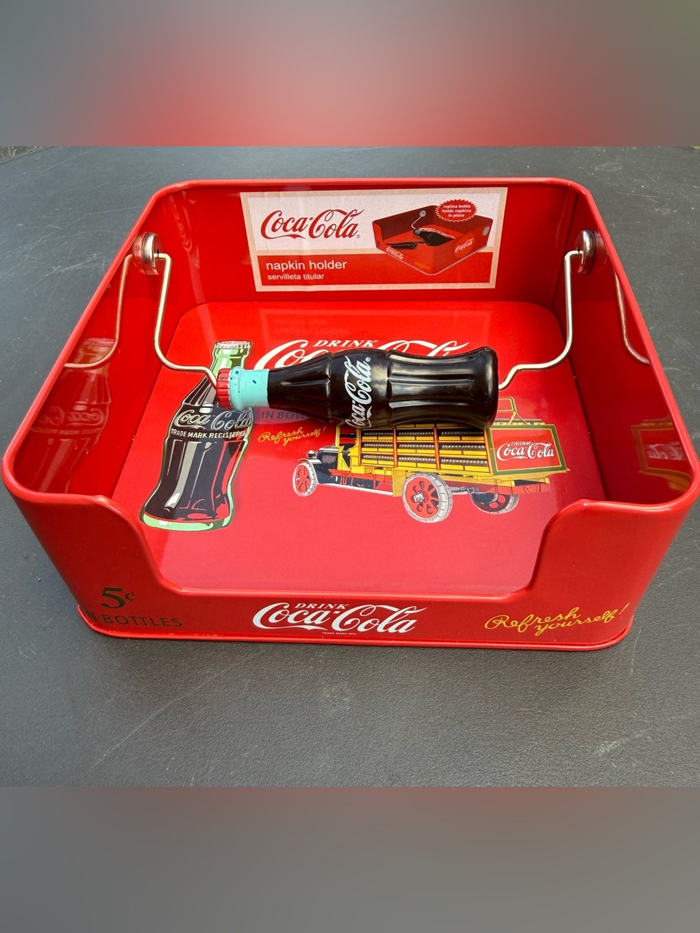 Retro Coca-Cola Advertising Tin Square Flat Napkin Holder Vintage 6.5x6.5x2.25”